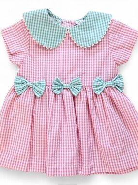 Vintage Radishes & Roses Pink & Green Gingham Bow Dress 2T